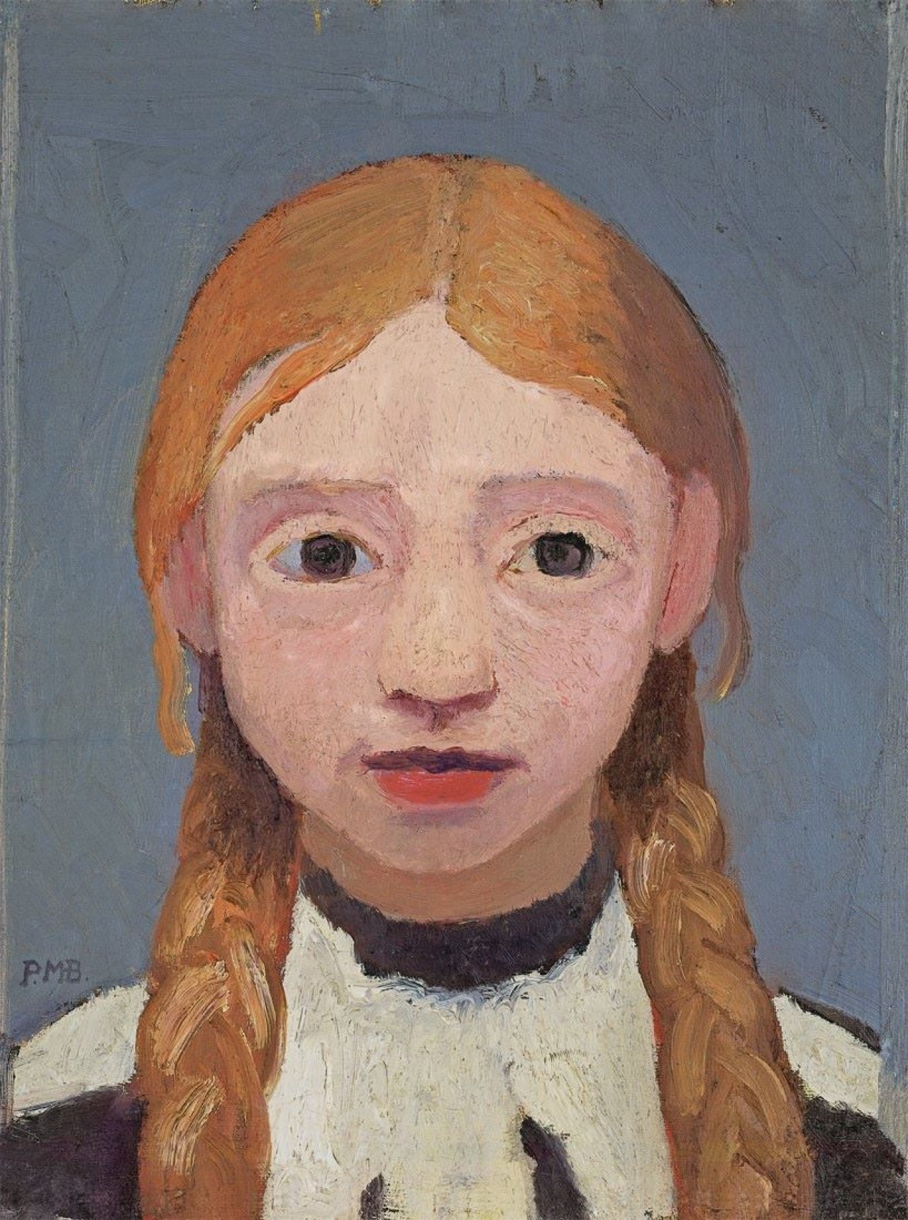 Auf diesem Bild ist das folgende Kunstwerk zu sehen: Paula Modersohn-Becker. „Kopf eines blonden Mädchens mit Zöpfen“. Um 1905.