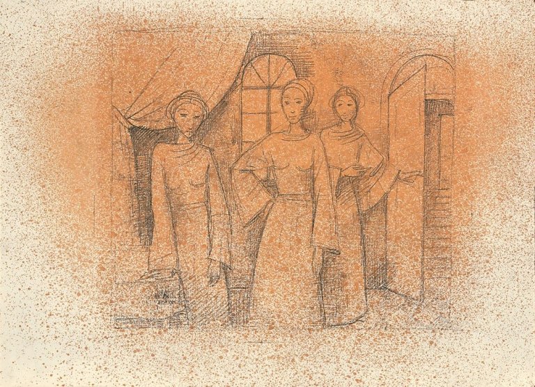 Auf diesem Bild ist das folgende Kunstwerk zu sehen: Karl Hofer. Drei Frauen im Gemach.