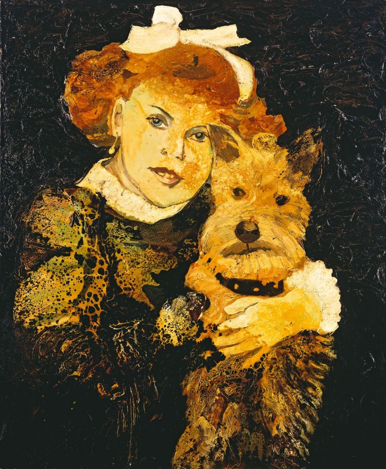 Auf diesem Bild ist das folgende Kunstwerk zu sehen: Cornelia Schleime. Mädchen mit Hund. 1997.