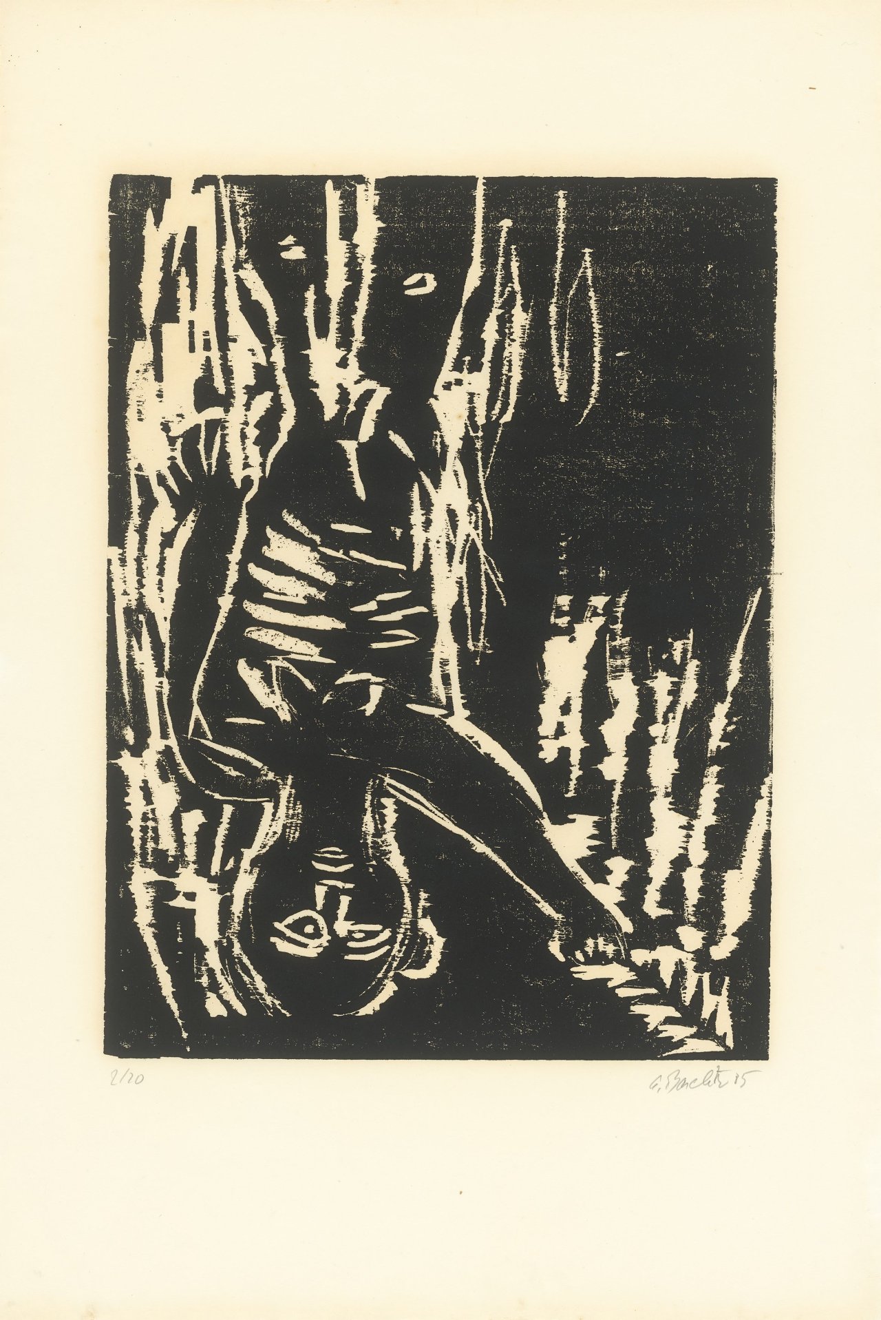 Auf diesem Bild ist das folgende Kunstwerk zu sehen: Georg Baselitz. „Mann mit Tanne IV (mit Rot)“. 1985/86.