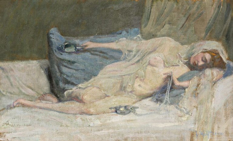Auf diesem Bild ist das folgende Kunstwerk zu sehen: Julie Wolfthorn. „Liegender Akt (Siesta)“.