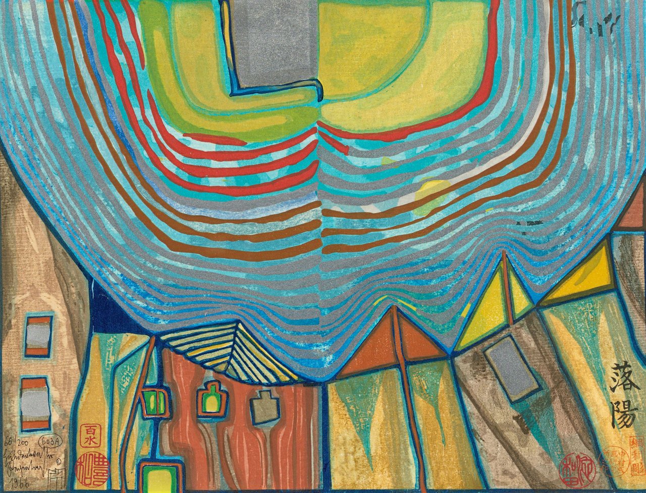 This picture shows the following artwork: Friedensreich Hundertwasser. „Sonnenuntergang“. 1966.