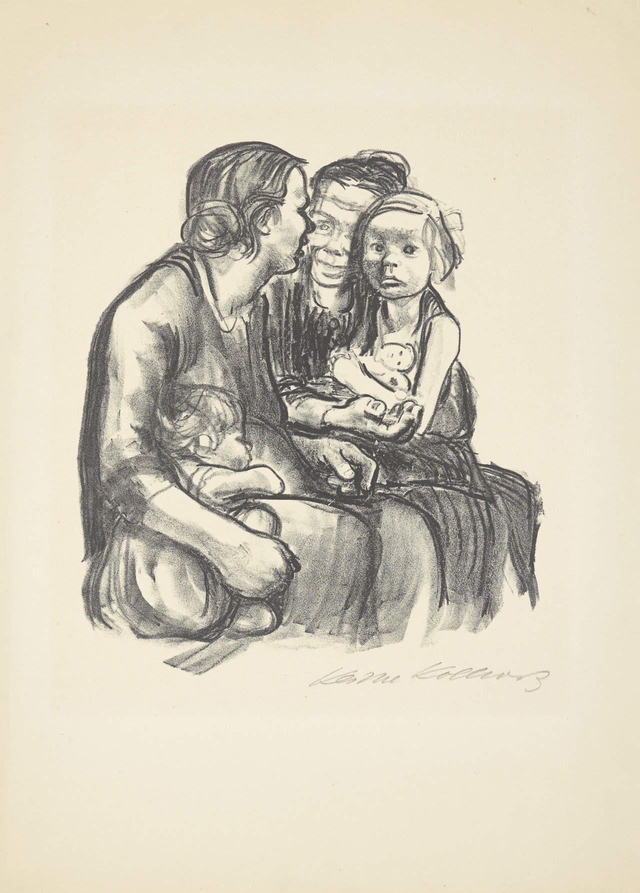 Auf diesem Bild ist das folgende Kunstwerk zu sehen: Käthe Kollwitz. „Zwei schwatzende Frauen mit zwei Kindern“. 1930.