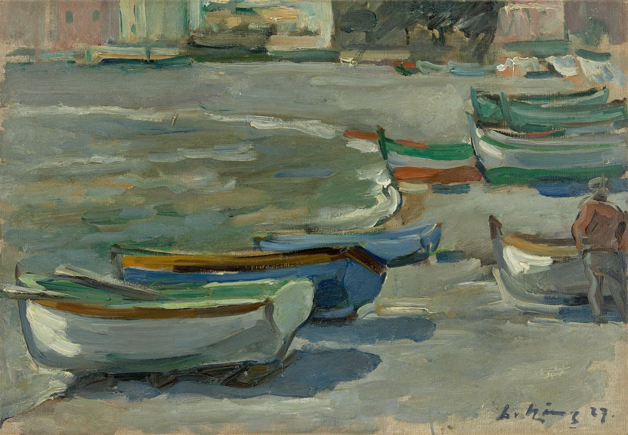 Auf diesem Bild ist das folgende Kunstwerk zu sehen: Leo von König. „Kleine Boote in Santa Margerita“ („Fischerboote“). 1927.