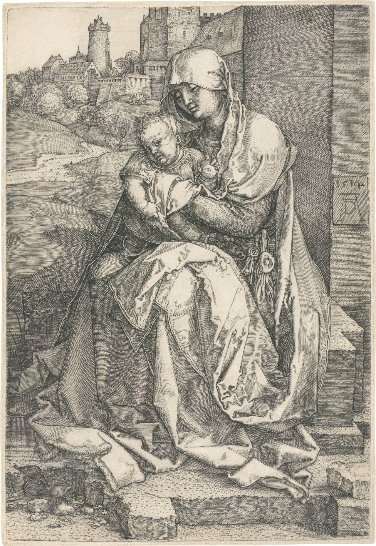 Auf diesem Bild ist das folgende Kunstwerk zu sehen: Albrecht Dürer. „Maria mit dem Kind an der Mauer“. 1514.