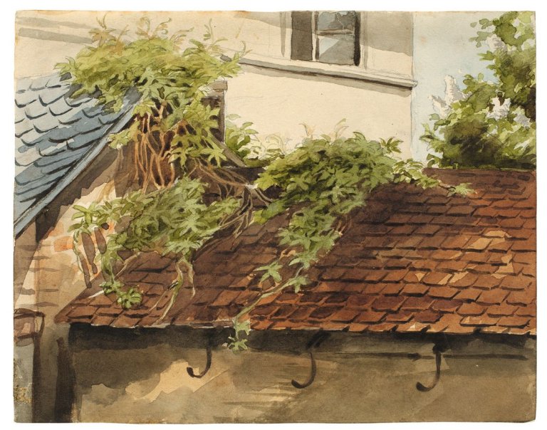 Auf diesem Bild ist das folgende Kunstwerk zu sehen: Viktor Paul Mohn. Beranktes Dach. Um 1870.