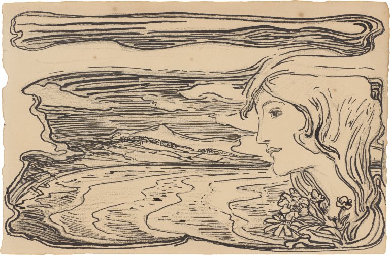 Auf diesem Bild ist das folgende Kunstwerk zu sehen: Ludwig von Hofmann. Frauenkopf vor Küstenlandschaft. Um 1920.