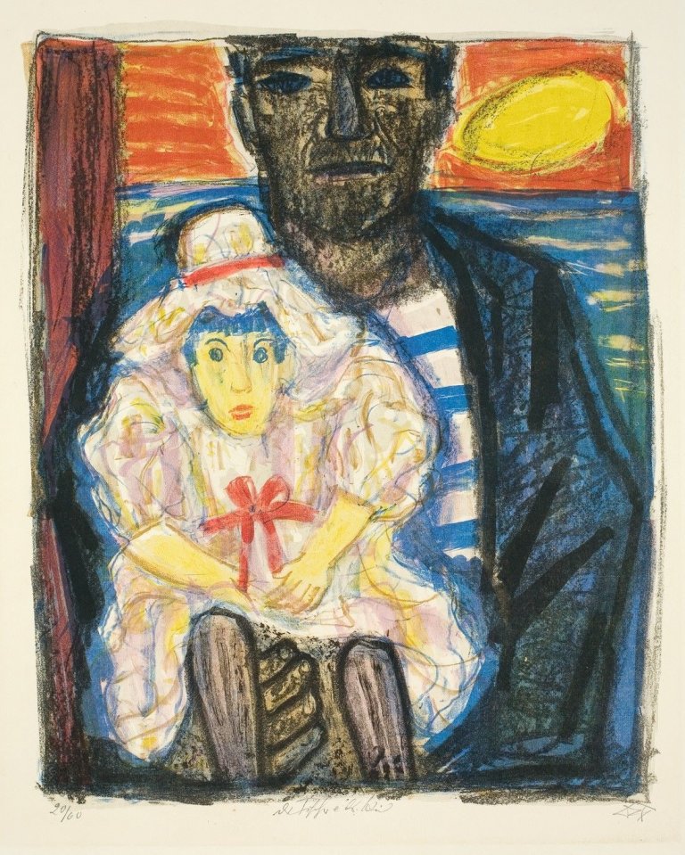 Auf diesem Bild ist das folgende Kunstwerk zu sehen: Otto Dix. „Der Fischer und das Kind“. 1961.
