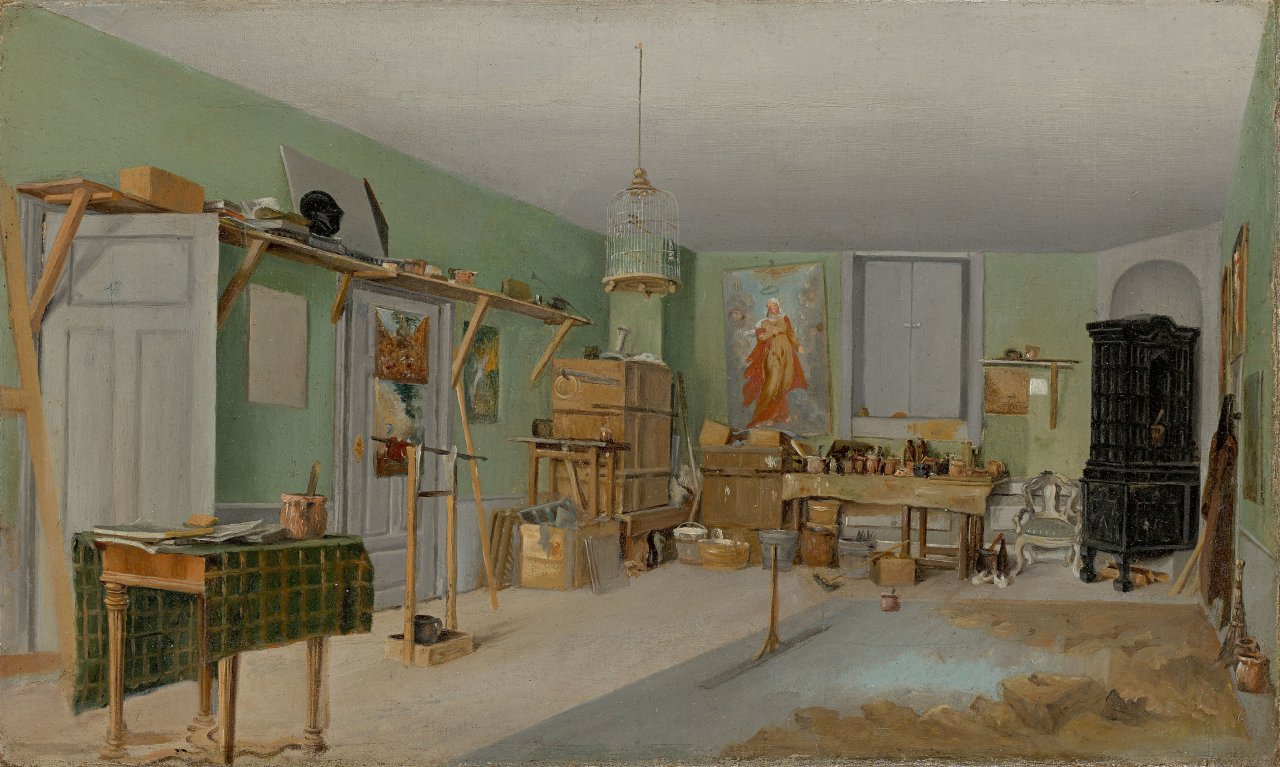 Auf diesem Bild ist das folgende Kunstwerk zu sehen:  Deutsch, um 1840. Ein Künstleratelier.