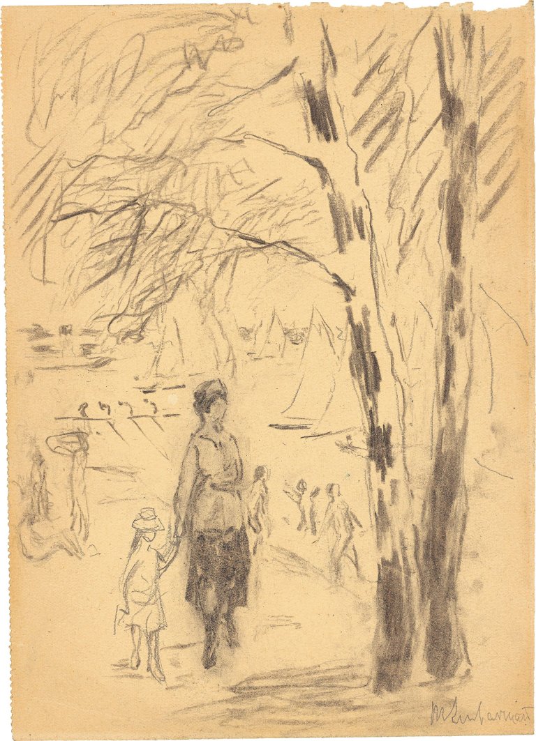 Auf diesem Bild ist das folgende Kunstwerk zu sehen: Max Liebermann. „Frau mit Kind am Wannsee-Ufer“. (Vor) 1926.