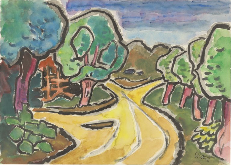 Auf diesem Bild ist das folgende Kunstwerk zu sehen: Karl Schmidt-Rottluff. „Weiden am Weg“. 1955.
