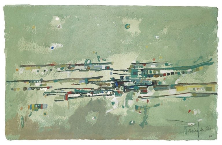 Auf diesem Bild ist das folgende Kunstwerk zu sehen: Maria Elena Vieira da Silva. „Pays lontain“. 1957.