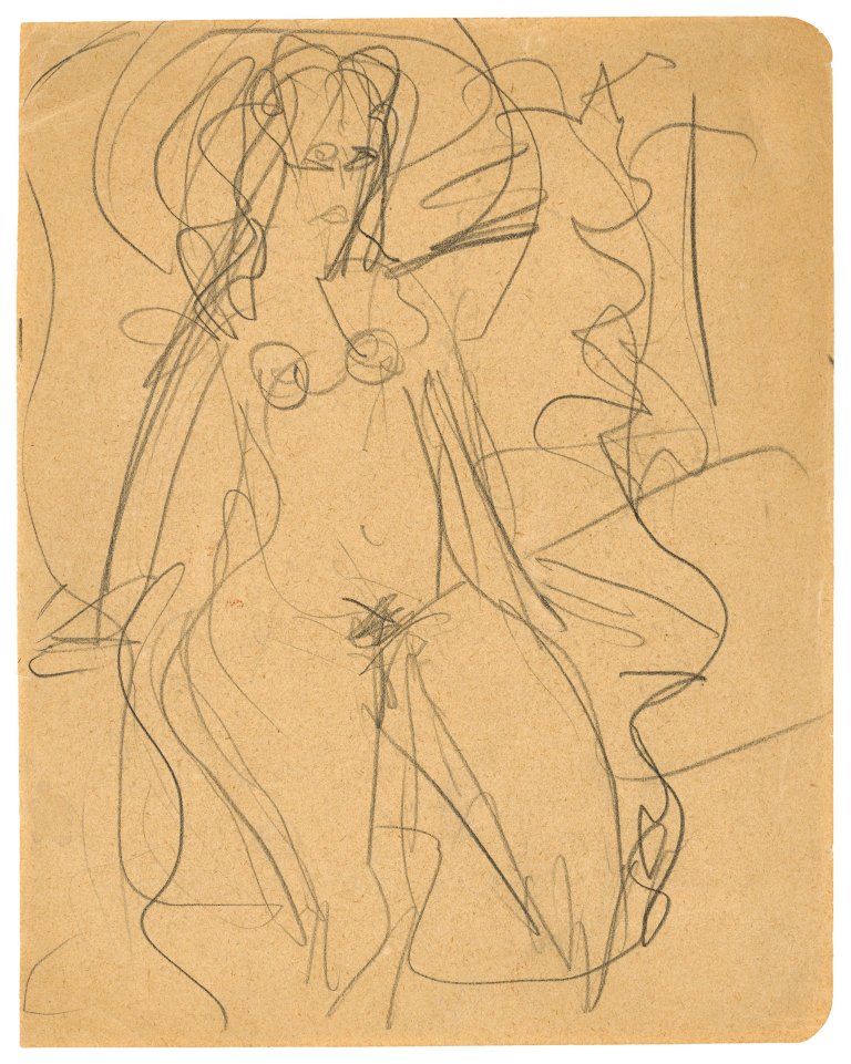 Auf diesem Bild ist das folgende Kunstwerk zu sehen: Ernst Ludwig Kirchner. Auf dem Bett sitzendes Mädchen. 1915.