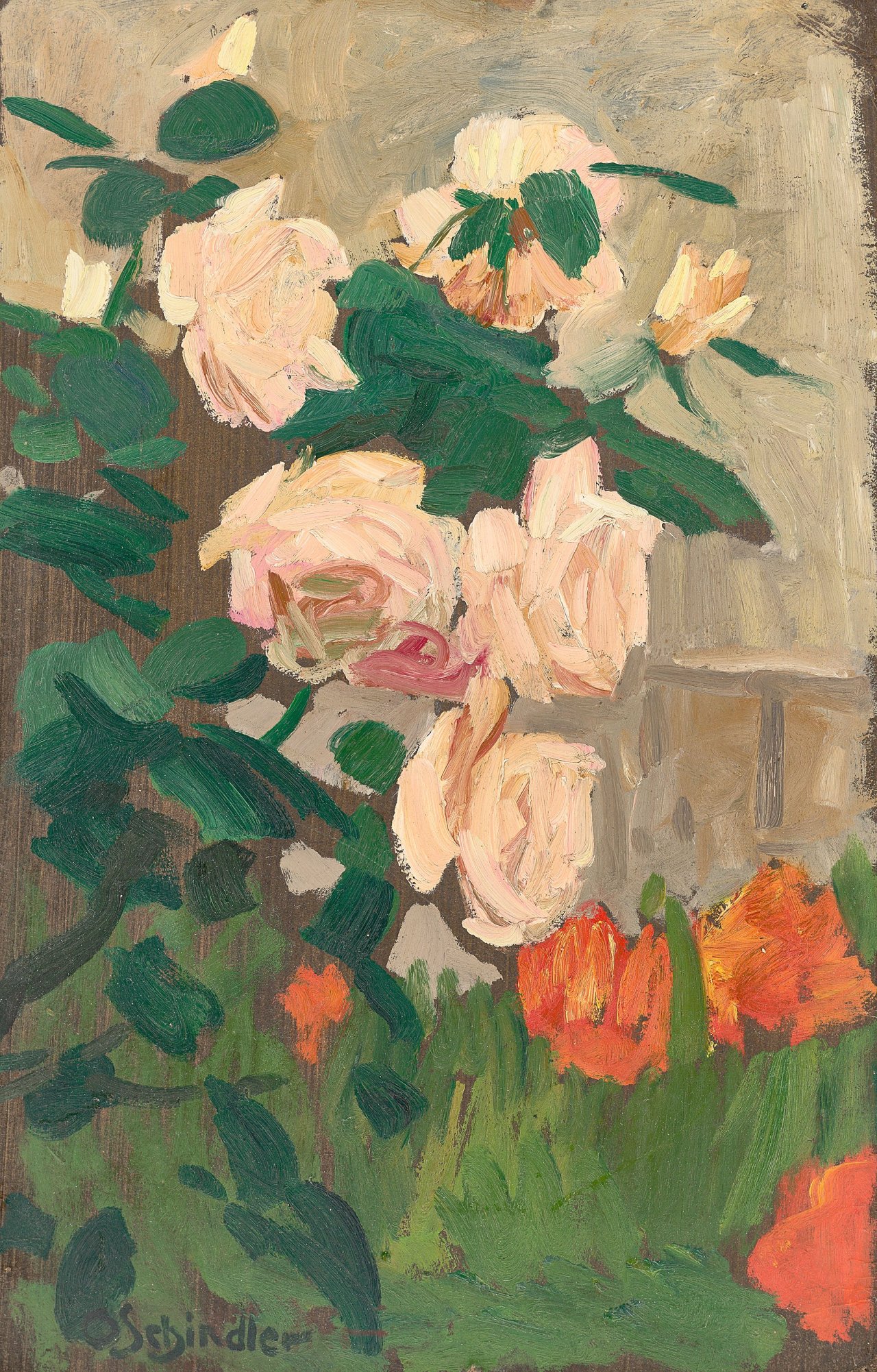 Auf diesem Bild ist das folgende Kunstwerk zu sehen: Osmar Schindler. Blühende Rosen.