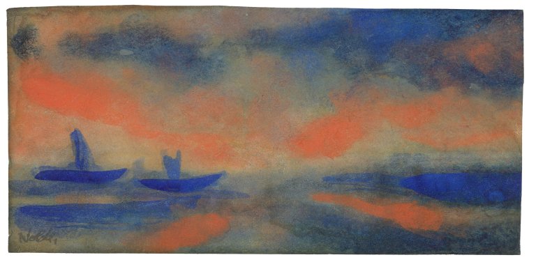 This picture shows the following artwork: Emil Nolde. "Meerlandschaft (Abendmeer) mit zwei blauen Seglern". Circa 1945/48.