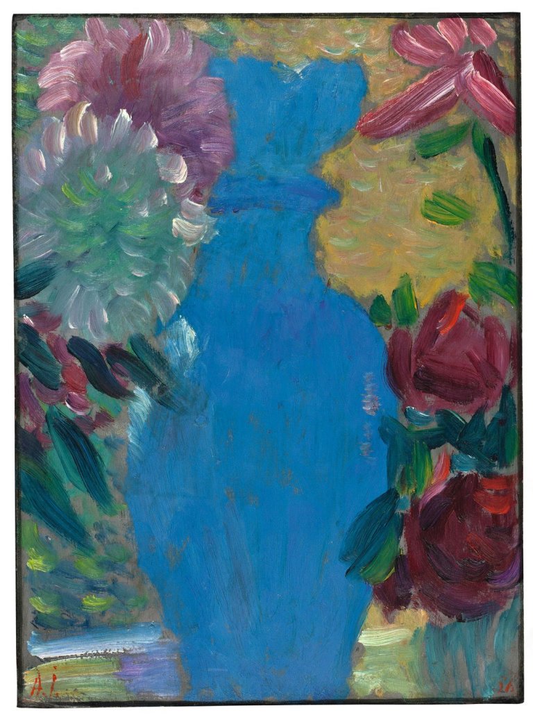 Auf diesem Bild ist das folgende Kunstwerk zu sehen: Alexej von Jawlensky. „Großes Stilleben (Blumen mit blauer Vase)“. 1936.