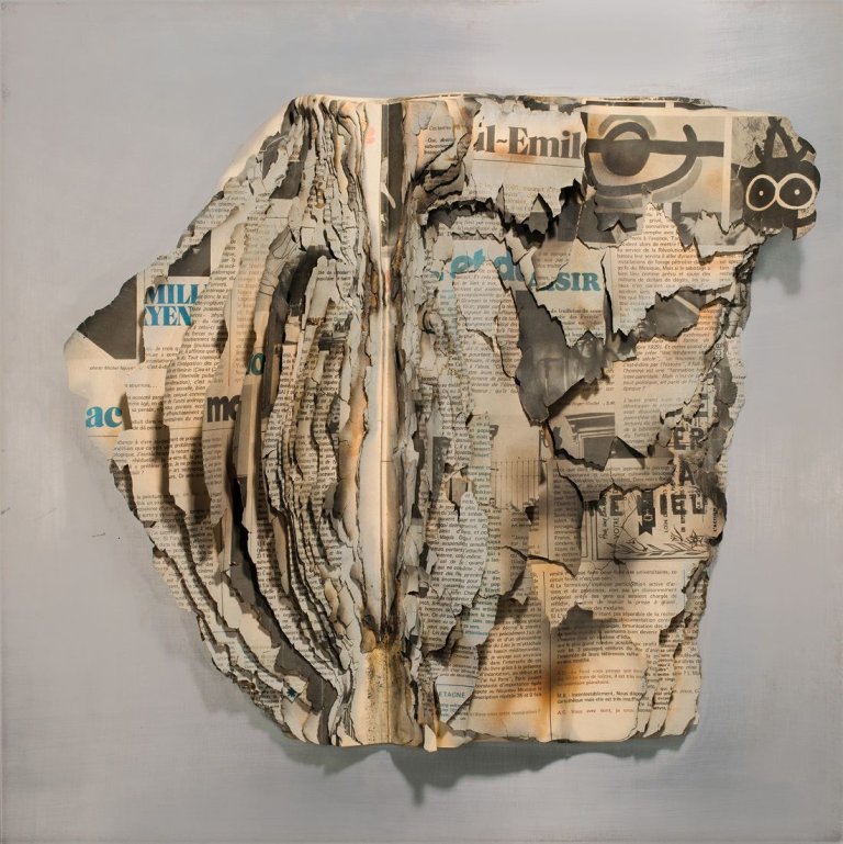 Auf diesem Bild ist das folgende Kunstwerk zu sehen: Bernard Aubertin. „Livre brûlé. L'Art vivant, revue d'art“. 1972.