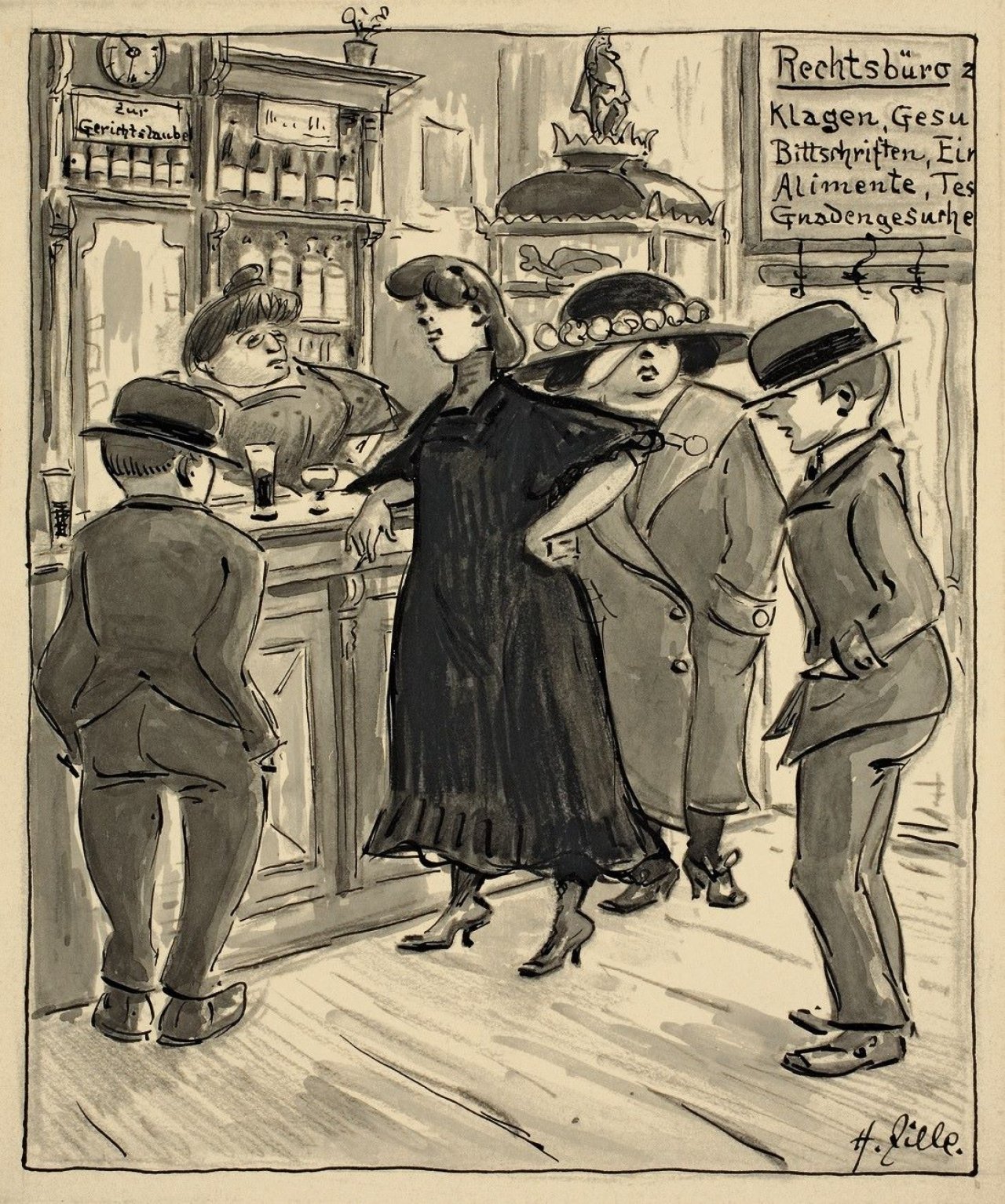 Auf diesem Bild ist das folgende Kunstwerk zu sehen: Heinrich Zille. Zur Gerichtslaube. Vor 1922.