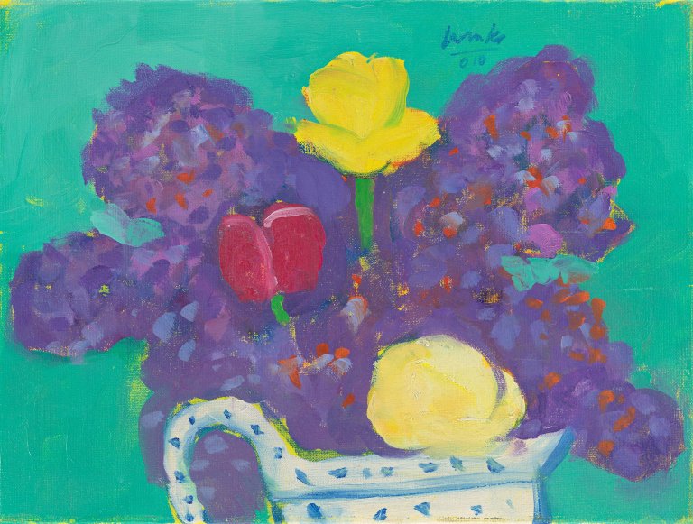 Auf diesem Bild ist das folgende Kunstwerk zu sehen: Dietmar Lemcke. Stillleben mit Veilchen und Tulpen. 2010.