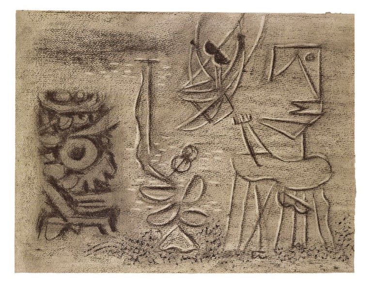 Auf diesem Bild ist das folgende Kunstwerk zu sehen: Willi Baumeister. „Komposition mit Urgestalt und Schaukel“. 1944.