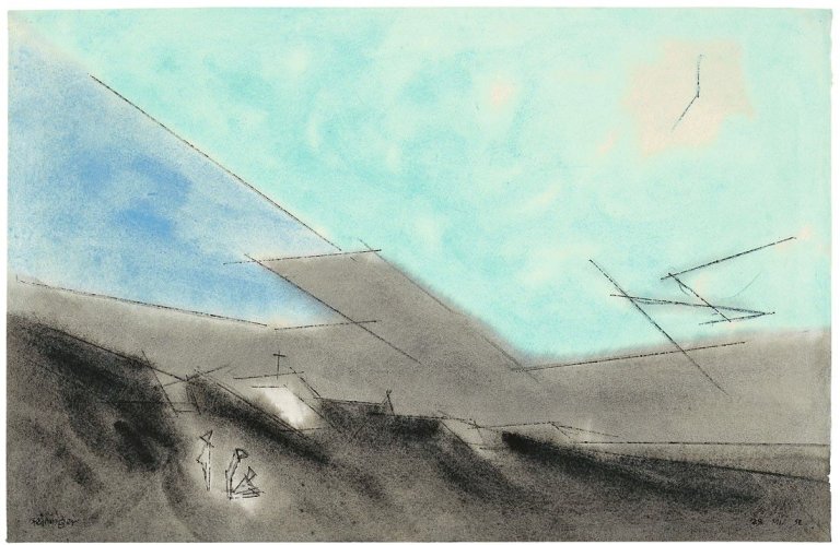 Auf diesem Bild ist das folgende Kunstwerk zu sehen: Lyonel Feininger. Drei Figuren in Dünenlandschaft. 1952.