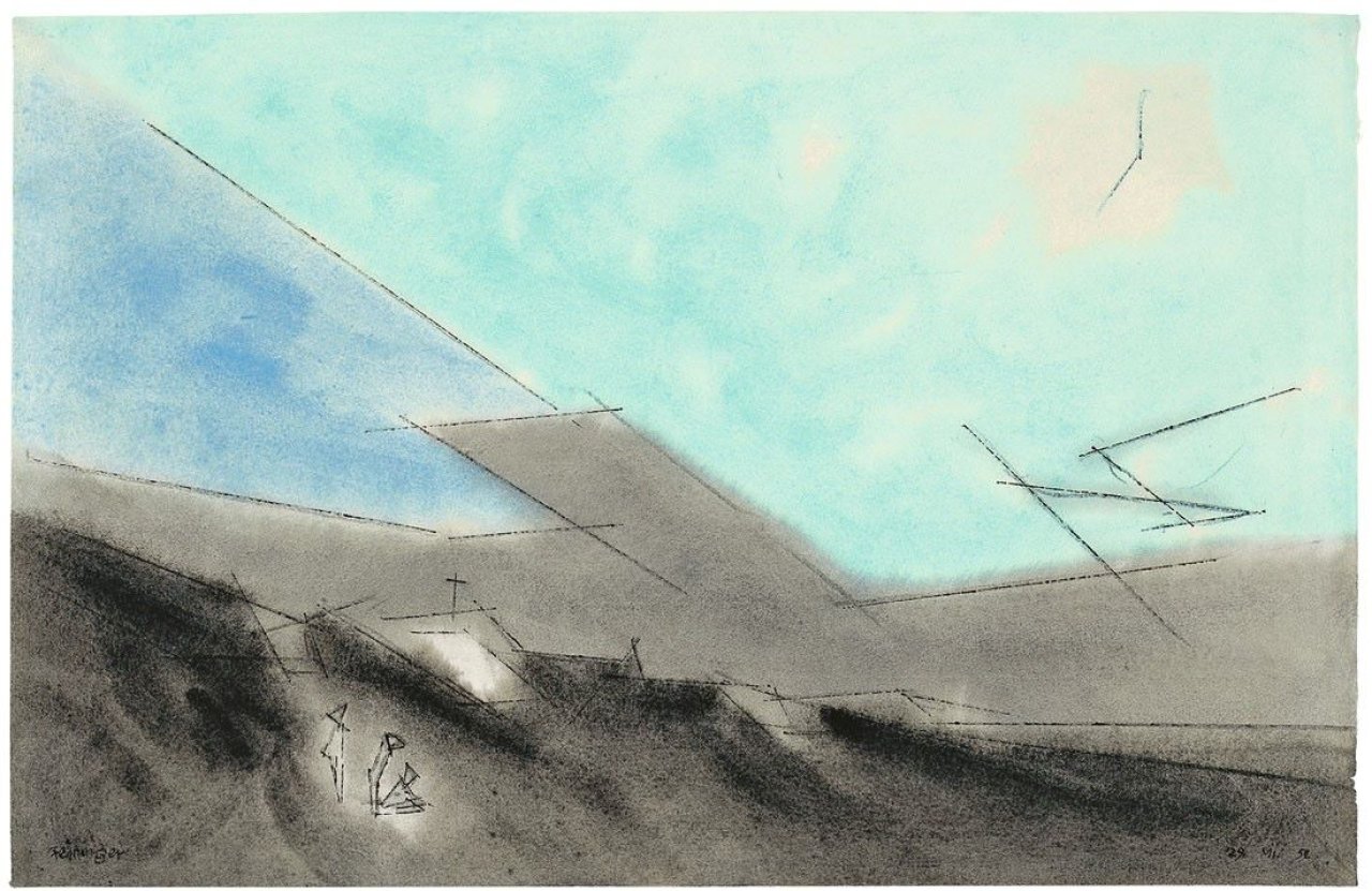 Auf diesem Bild ist das folgende Kunstwerk zu sehen: Lyonel Feininger. Drei Figuren in Dünenlandschaft. 1952.