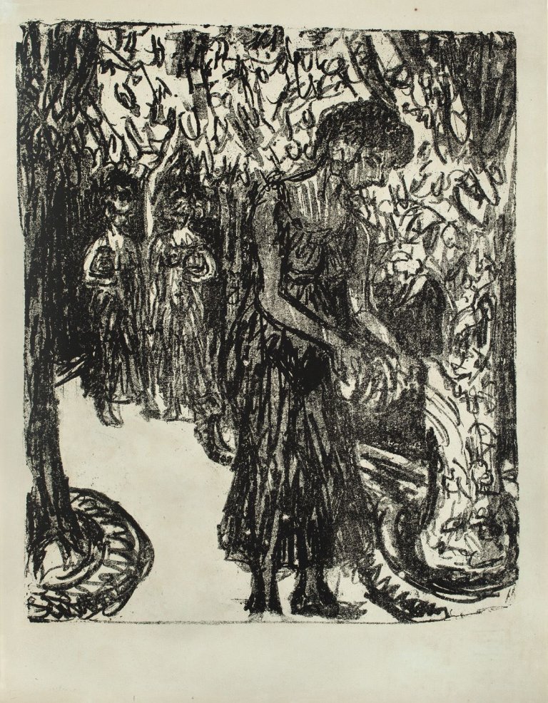 Auf diesem Bild ist das folgende Kunstwerk zu sehen: Ernst Ludwig Kirchner. „Sakuntala im Tempelgarten“. 1907.