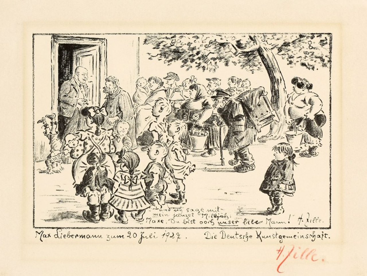 Auf diesem Bild ist das folgende Kunstwerk zu sehen: Heinrich Zille. „Geburtstagsblatt für Max Liebermann“. 1927.