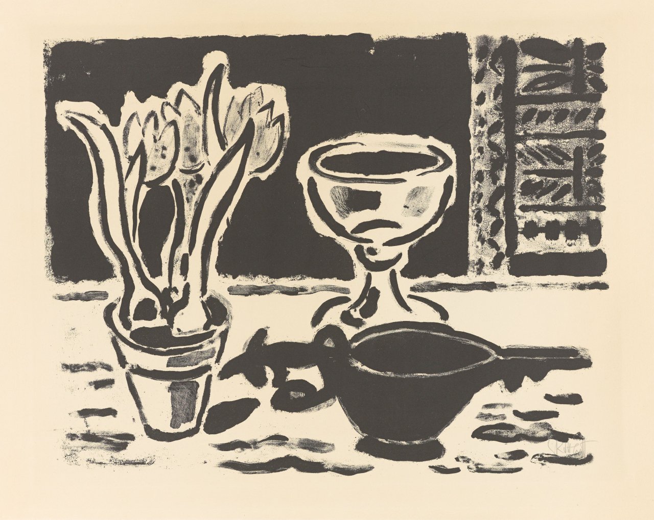 Auf diesem Bild ist das folgende Kunstwerk zu sehen: Karl Schmidt-Rottluff. „Stilleben mit Krokustopf“. 1953/54.