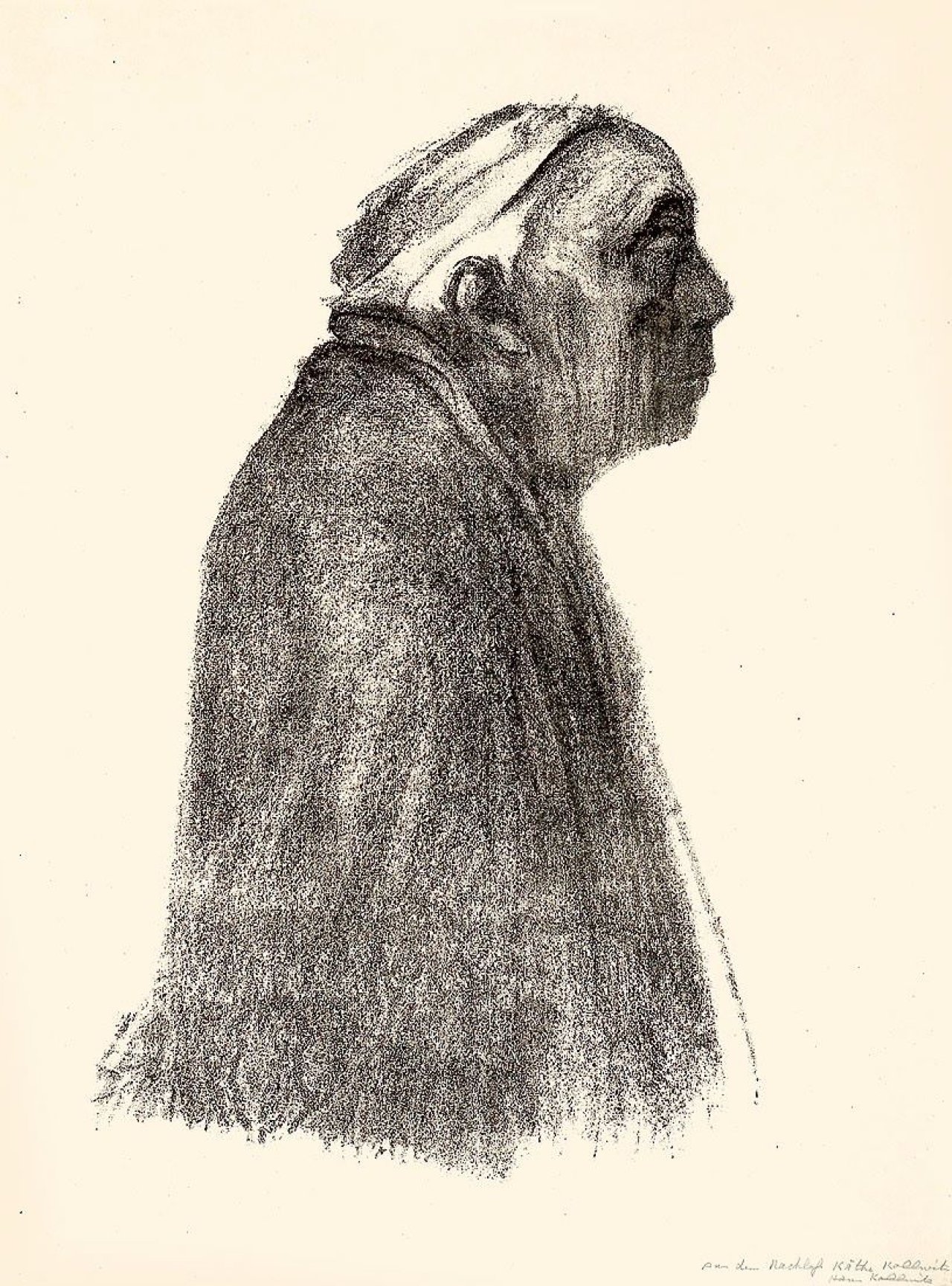 Auf diesem Bild ist das folgende Kunstwerk zu sehen: Käthe Kollwitz. „Selbstbildnis im Profil nach rechts“. Wohl 1938.