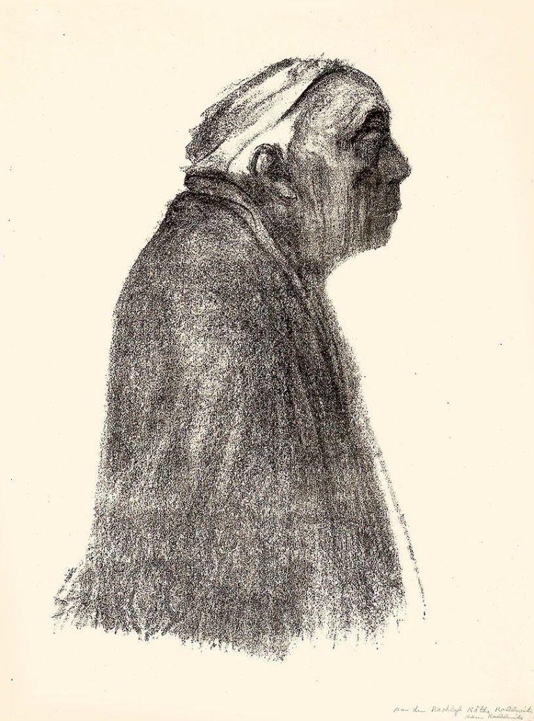 Auf diesem Bild ist das folgende Kunstwerk zu sehen: Käthe Kollwitz. „Selbstbildnis im Profil nach rechts“. Wohl 1938.