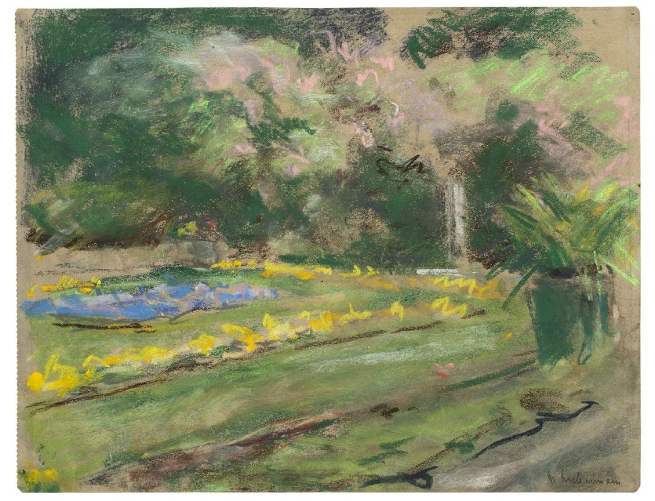 Auf diesem Bild ist das folgende Kunstwerk zu sehen: Max Liebermann. „Die Blumenterrasse im Wannseegarten nach Nordwesten“. Um 1927.