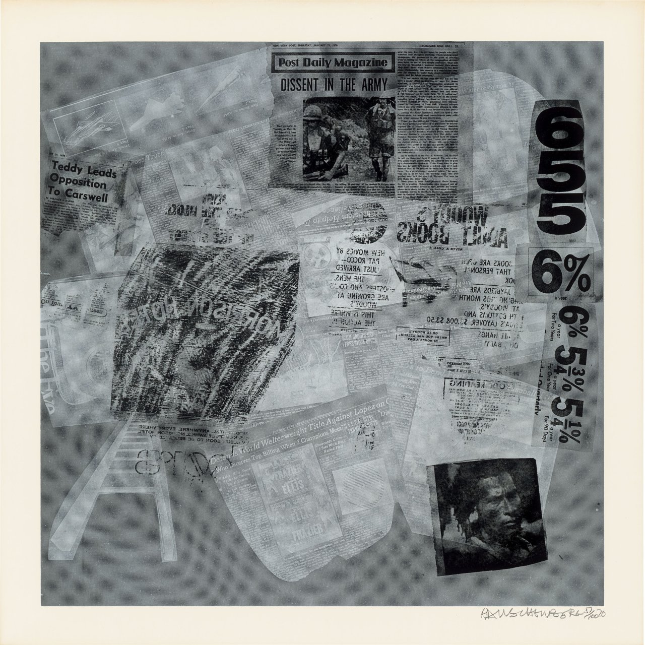 Auf diesem Bild ist das folgende Kunstwerk zu sehen: Robert Rauschenberg. Aus: „Surface Series from Currents“. 1970.