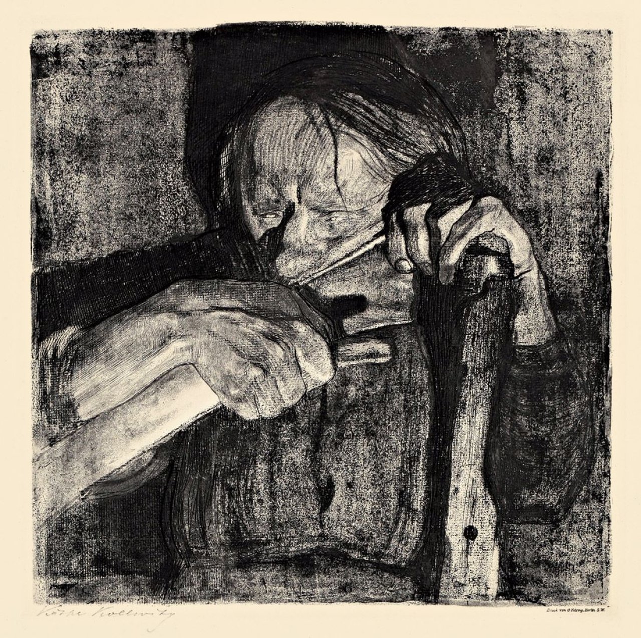 Auf diesem Bild ist das folgende Kunstwerk zu sehen: Käthe Kollwitz. „Beim Dengeln“. 1905.
