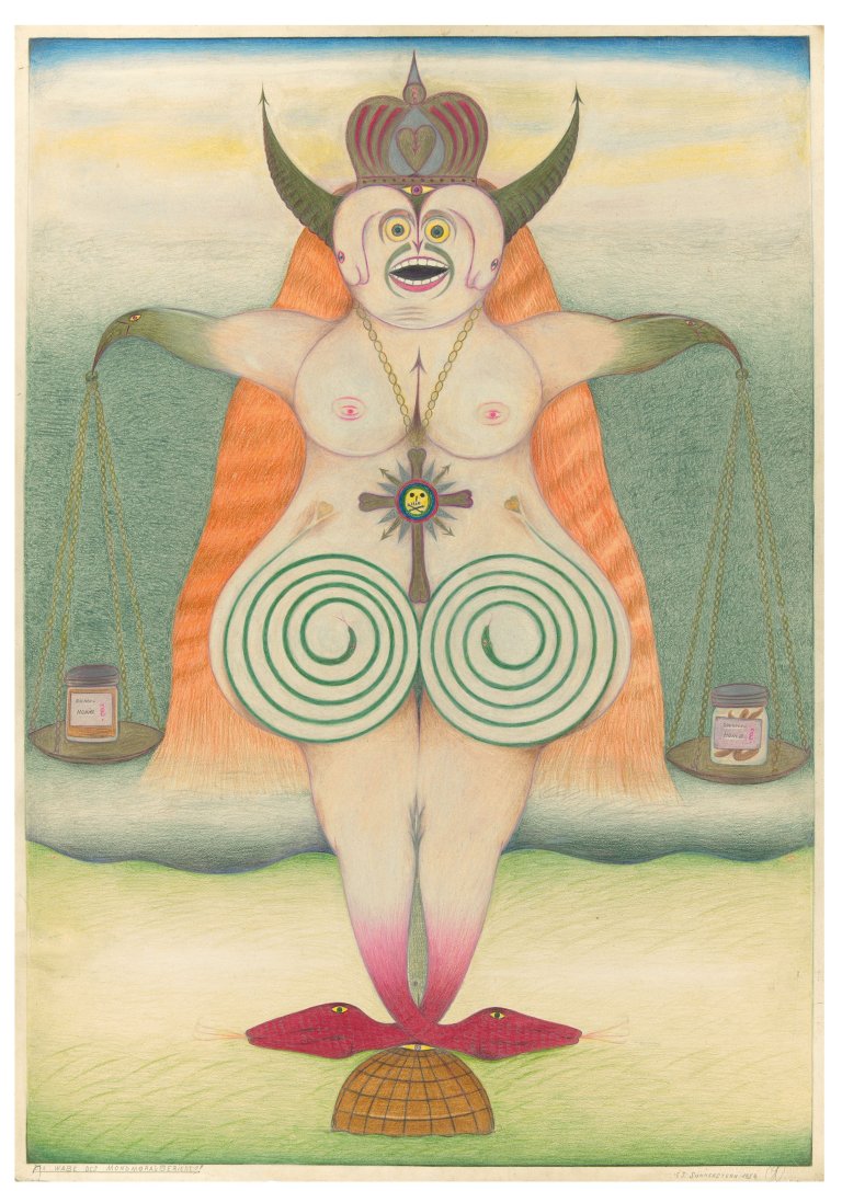 Auf diesem Bild ist das folgende Kunstwerk zu sehen: Friedrich Schröder-Sonnenstern. „Die Wage des Mondmoralgerichts“. 1954.