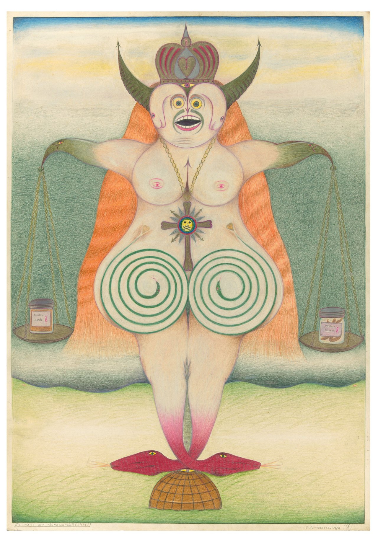 Auf diesem Bild ist das folgende Kunstwerk zu sehen: Friedrich Schröder-Sonnenstern. „Die Wage des Mondmoralgerichts“. 1954.