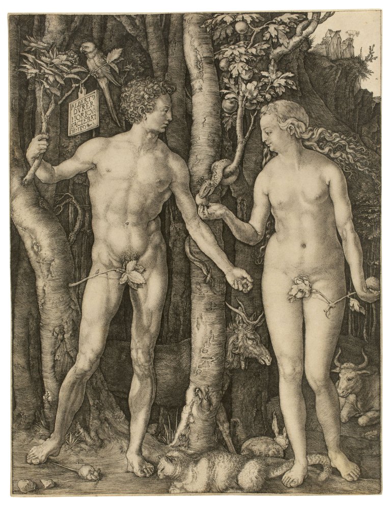 Auf diesem Bild ist das folgende Kunstwerk zu sehen: Albrecht Dürer. „Adam und Eva“. 1504.