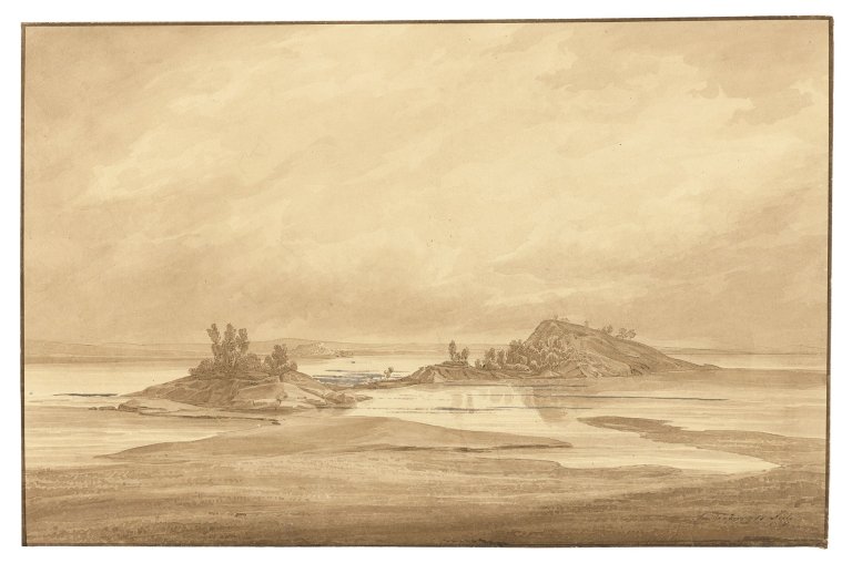 Auf diesem Bild ist das folgende Kunstwerk zu sehen: August Matthias Hagen. Die beiden Inseln im unteren See von Tammerfors (Tampere). 1835.