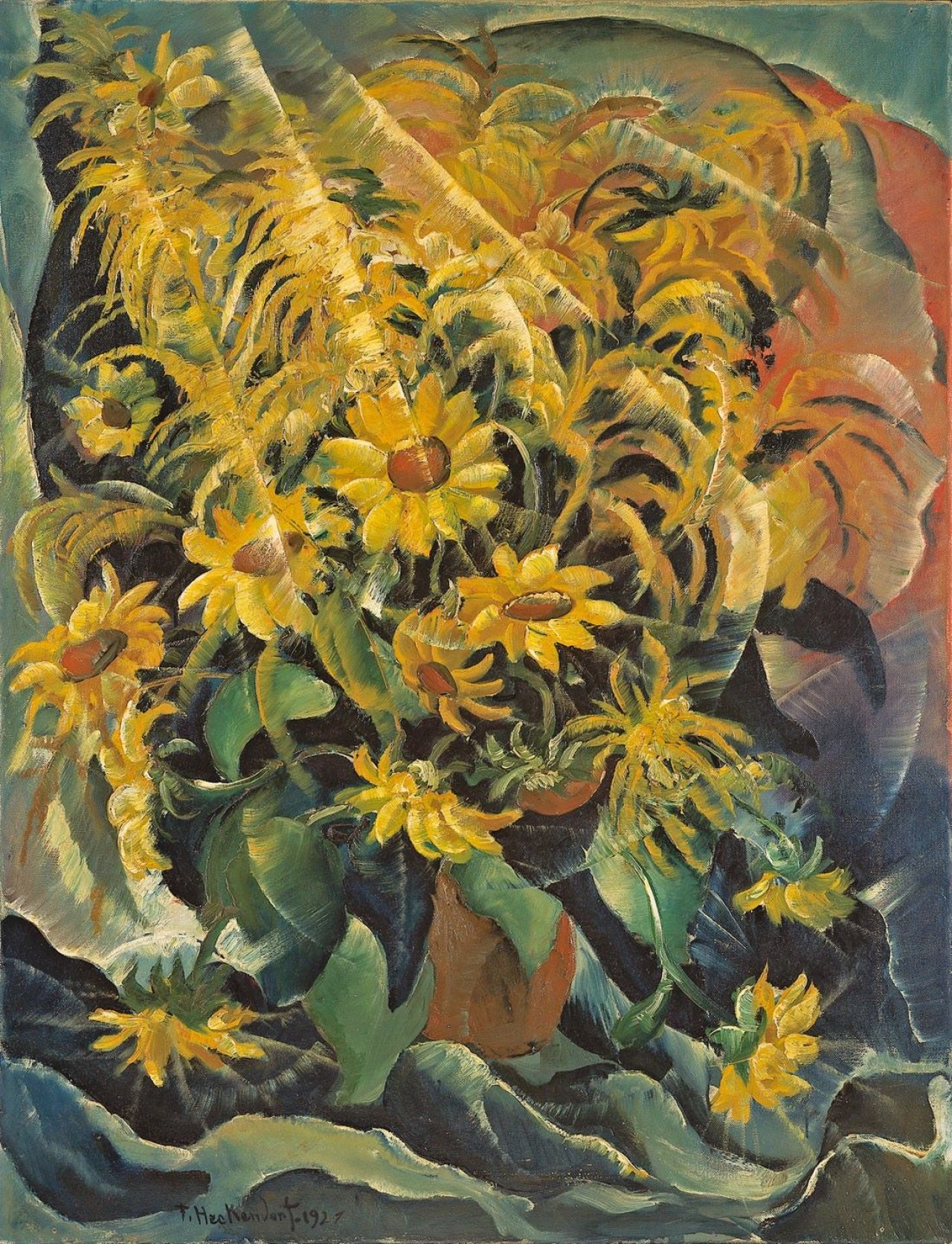 This picture shows the following artwork: Franz Heckendorf. Sonnenblumen mit Goldregen. 1921.