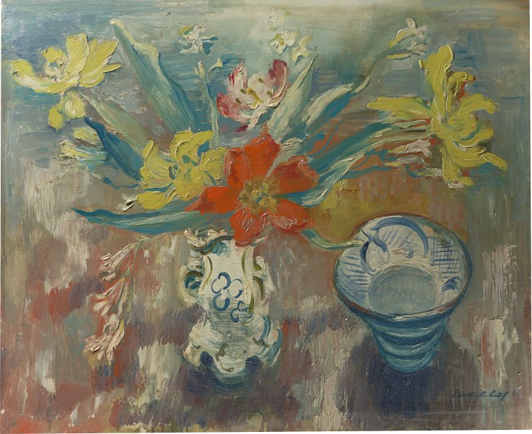 Auf diesem Bild ist das folgende Kunstwerk zu sehen: Wilhelm Kohlhoff. Stillleben mit Blumenvase und blau-weißer Schale. 1932.
