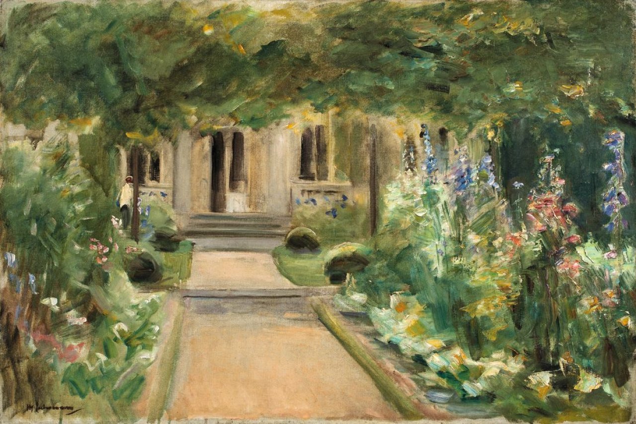 Auf diesem Bild ist das folgende Kunstwerk zu sehen: Max Liebermann. „Blick aus dem Nutzgarten nach Osten auf den Eingang zum Landhaus“. 1919 (?).