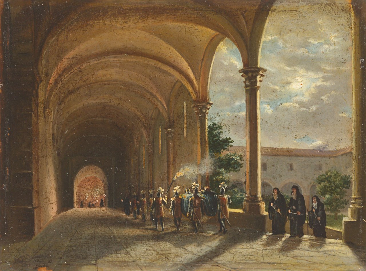 Auf diesem Bild ist das folgende Kunstwerk zu sehen: Franz Ludwig Catel. Klostergang mit Trauerzug am Abend.