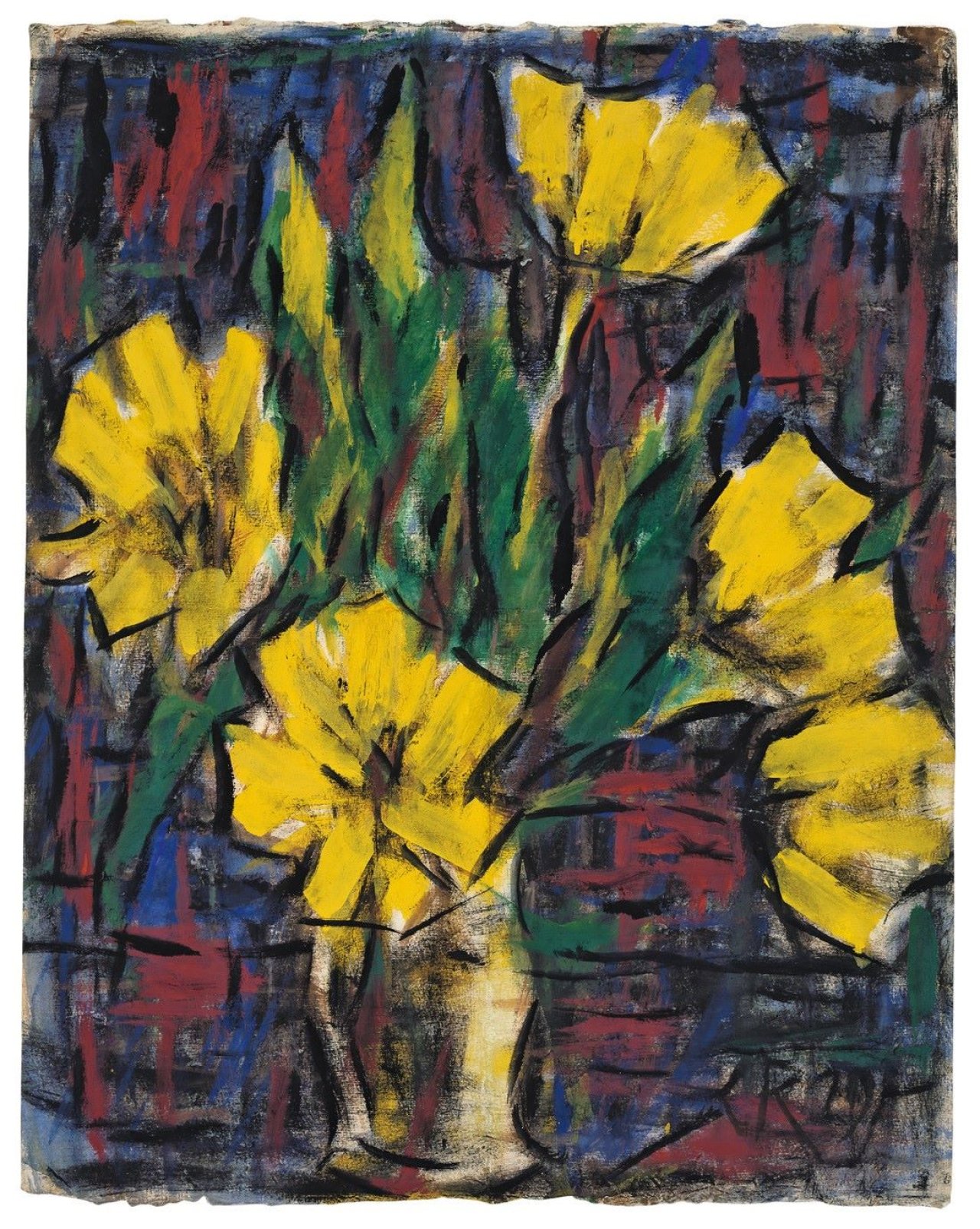 Auf diesem Bild ist das folgende Kunstwerk zu sehen: Christian Rohlfs. Gelbe Tulpen in heller Vase. 1929.
