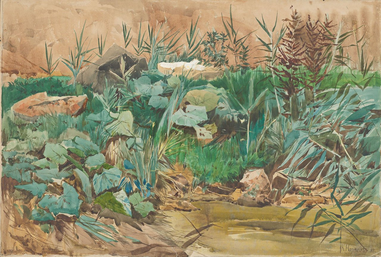 Auf diesem Bild ist das folgende Kunstwerk zu sehen: Karl Hagemeister. „Weiherufer mit Pflanzen“. 1884.
