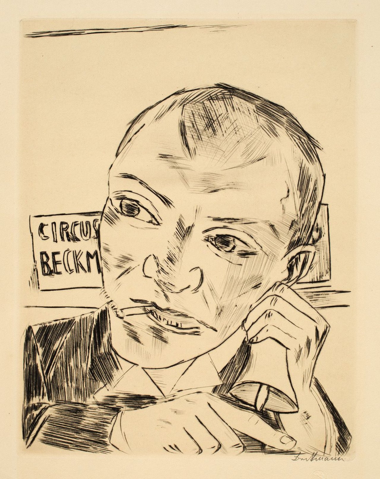 Auf diesem Bild ist das folgende Kunstwerk zu sehen: Max Beckmann. „Der Ausrufer (Selbstbildnis)“. 1921.
