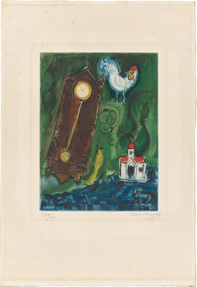 Auf diesem Bild ist das folgende Kunstwerk zu sehen: Marc Chagall. „L'Horloge – Le Pendule“. 1956.