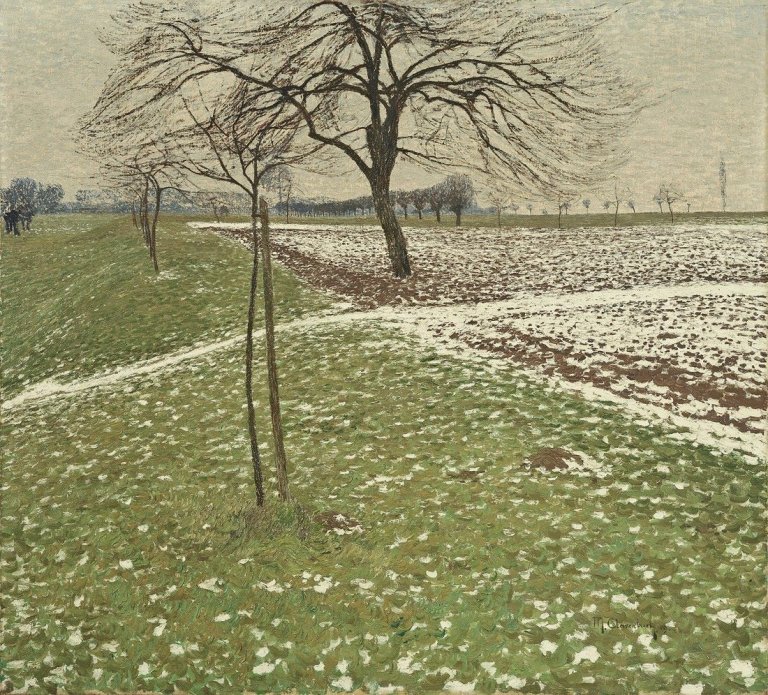 Auf diesem Bild ist das folgende Kunstwerk zu sehen: Max Clarenbach. Niederrheinische Landschaft im Vorfrühling. 1909.