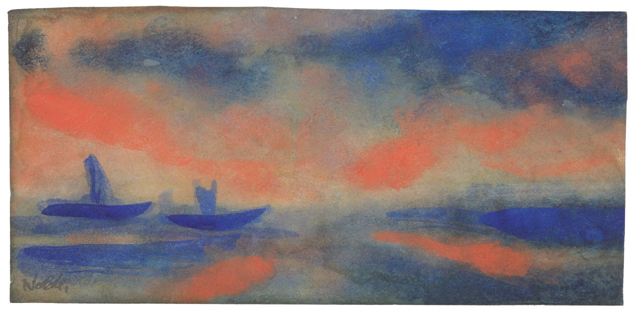 This picture shows the following artwork: Emil Nolde. ”Meerlandschaft (Abendmeer) mit zwei blauen Seglern”. Circa 1945/48.