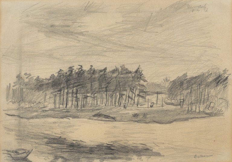Auf diesem Bild ist das folgende Kunstwerk zu sehen: Max Beckmann. „Bewaldetes Seeufer bei Hermsdorf“. 1912.
