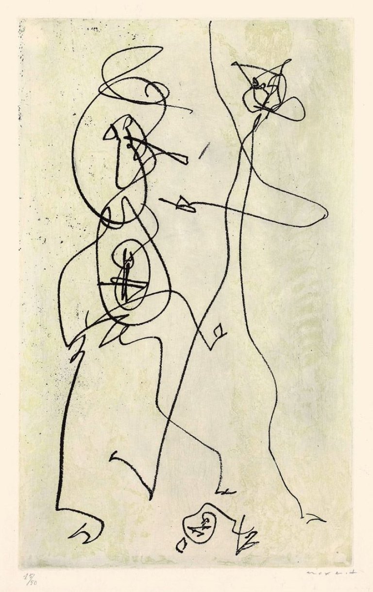 Auf diesem Bild ist das folgende Kunstwerk zu sehen: Max Ernst. Aus: „Jacques Prévert, Le chiens ont soif“. 1964.